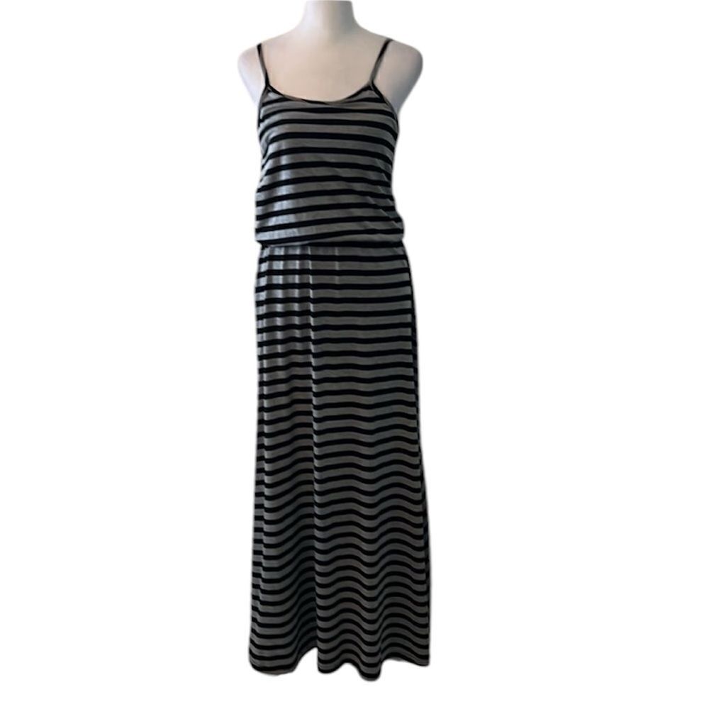 Poof! size small black and grey striped spaghetti strap maxi dress EUC